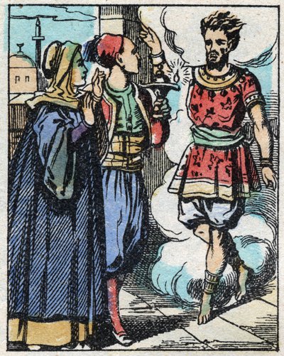 Aladin et sa mère frottent la lampe magique et font apparaître le génie. Gravure du conte des Mille et Une Nuits « Aladin et la Lampe Merveilleuse ». Imagerie d