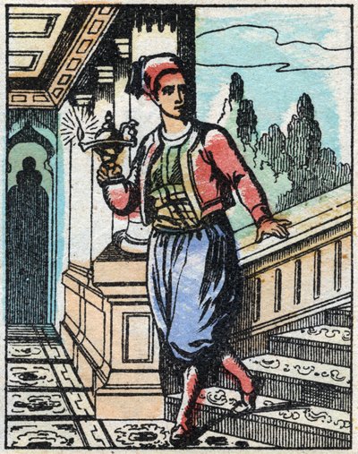 Aladin avec la lampe magique ne retrouve plus son chemin. Gravure du conte des Mille et Une Nuits « Aladin et la Lampe merveilleuse ». Imagerie d
