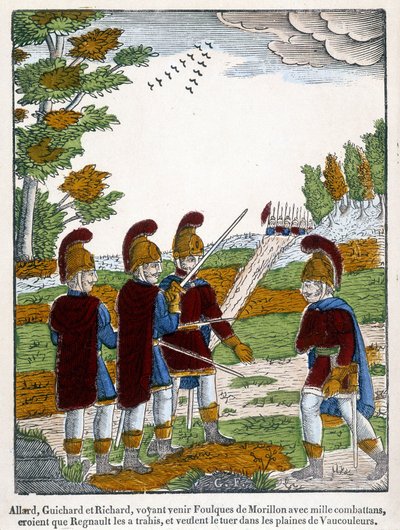 Allard, Guichard et Richard, voyant Coots de Morillon arriver avec mille combattants, croient que Regnaut les a trahis et veulent le tuer dans les plaines de Vaucouleurs. Image d