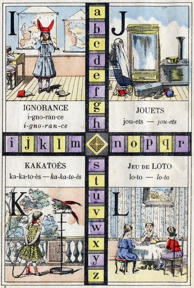 Alphabet et lettres I J K et L, ignorance, jouets, cacatoès et jeu de loto. ABC des petites filles. Imagerie d