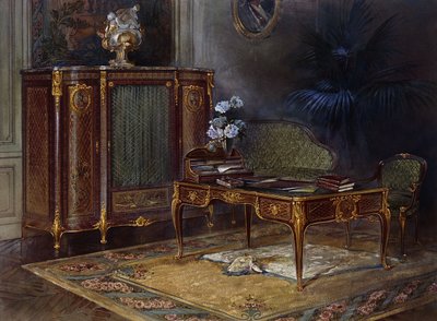 Un intérieur avec un bureau plat et une bibliothèque de style Louis XV - French School