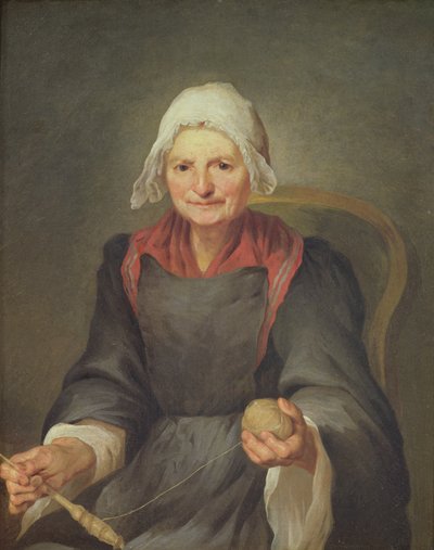 Une vieille femme filant - French School