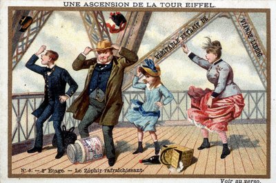 Une ascension de la Tour Eiffel : au 2e étage, un zéphyr rafraîchissant - chromo. Liébig, déb. 20e siècle - French School