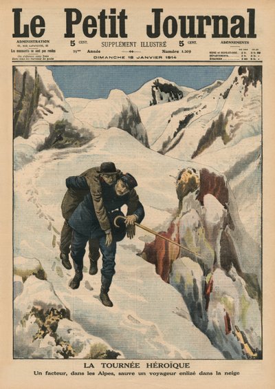 Un tour héroïque, un facteur alpin sauvant un voyageur coincé dans la neige, illustration de couverture de 