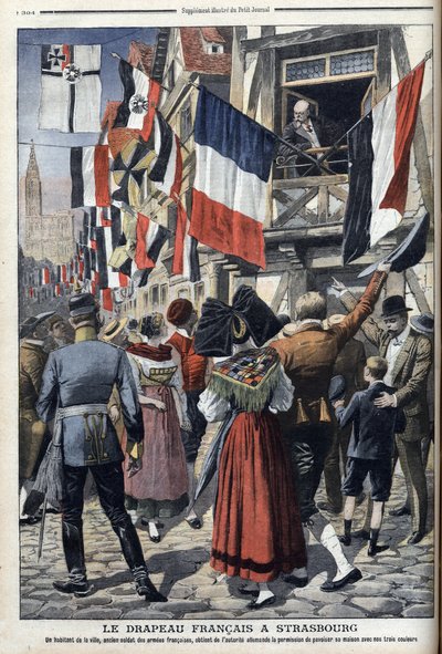 Un vieux soldat français dans Strasbourg occupé par les Allemands est autorisé à afficher le drapeau français - « Le Petit Journal » du 20 septembre 1908 (gravure) - French School