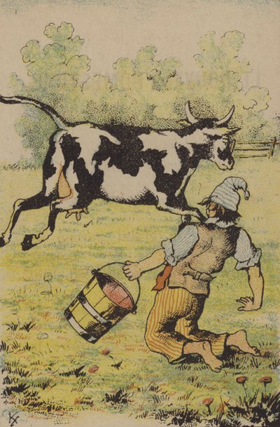 Une tentative infructueuse de traire une vache (lithographie en couleur) - French School