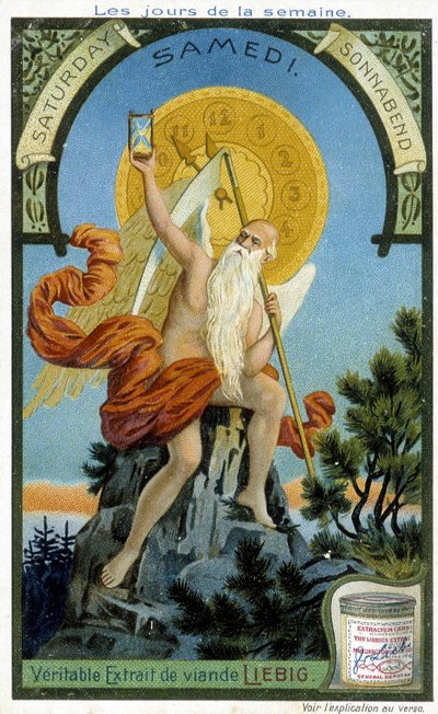 Divinité antique tenant un sablier comme symbole du temps qui passe pour illustrer le samedi. Carte publicitaire chromolithographique Liebig - French School