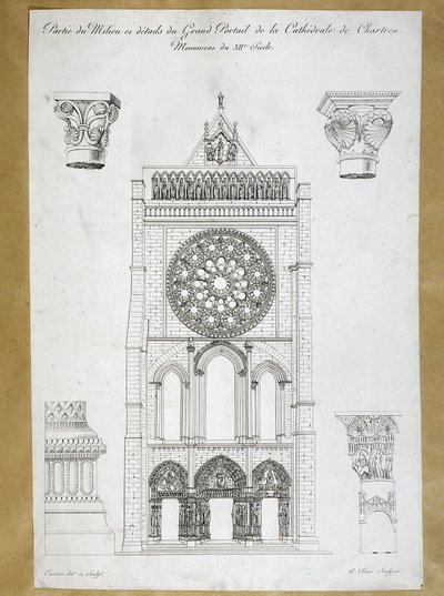 Architecture : vue du grand portail de la Cathédrale de Chartres - Monument du XIIe siècle, planche du XIXe siècle - French School