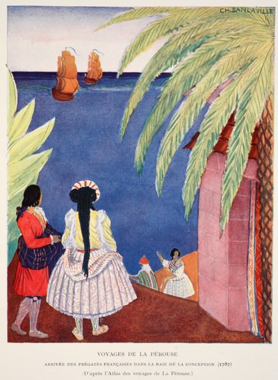 Arrivée des frégates françaises dans la baie de Conception, Voyages de La Pérouse, copie par M. Charles Sanlaville, illustration de Histoire de la Nation Française par Gabriel Hanotaux - French School