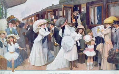 Arrivée des maris par train, 1908 - French School