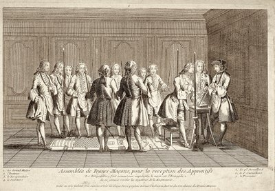 Assemblée de francs-maçons pour la réception des apprentis (gravure) - French School