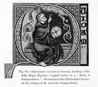Astronome accusé de sorcellerie, tenant un disque avec des figures magiques, du Livre de Jurisprudence, illustration de Science et Littérature au Moyen Âge et à la Renaissance - French School