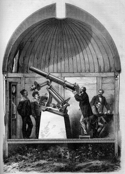 Astronomie : lunette astronomique française transportée à Yokohama (Japon) pour observer le passage de la planète Vénus devant le Soleil. Gravure dans « Le Monde Illustré » n°904 du 8 août 1874 - French School