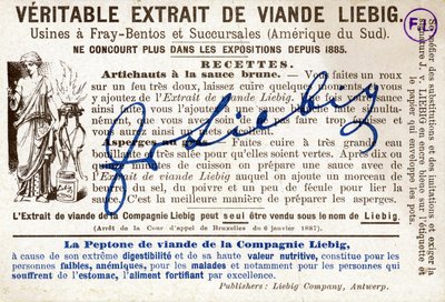 Dos de la carte Liebig avec la recette des artichauts à la sauce brune. Chromolithographie publicitaire - French School