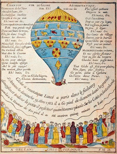 Vol en montgolfière : expérience des frères Montgolfier le 19 octobre 1783 dans le jardin de Monsieur Réveillon, faubourg Saint Antoine à Paris. Gravure d