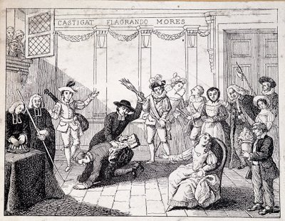 Beaumarchais fouettant à Saint Lazare - scène de fustigation par Beaumarchais, tenant en main la brochure de la Folle journée - d