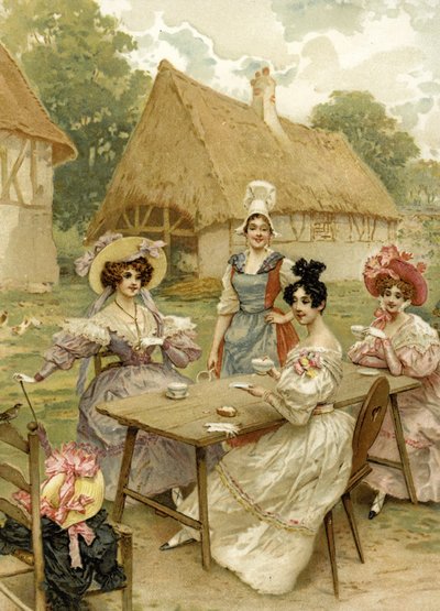 Belles femmes riches prenant le thé à la ferme - French School