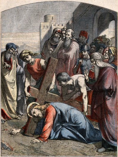 Scène biblique - Chemin de Croix : Jésus tombe pour la première fois. Gravure dans « Le Pèlerin » du 3 mai - French School