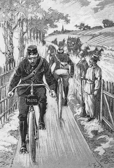 Piste cyclable pour facteurs : projet de piste Swift par M. Berruyer - dans « Théorique et Pratique du Cyclisme » de L. Baudry de Saunier, gravure, Bibl. de la ville de Paris - French School