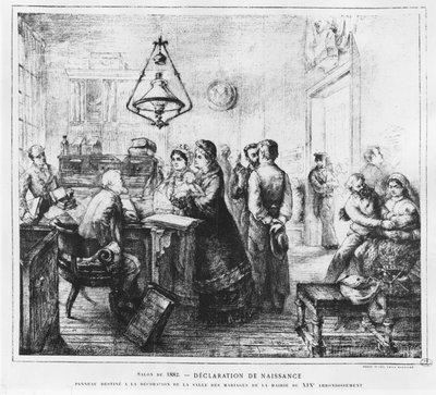 Déclaration de naissance - dessin par H.E Blanchon, dans « La vie moderne » - French School