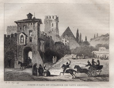 Pyramide de Caius Cestius et Porte Saint-Paul à Rome - Gravure de « L