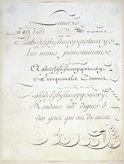 Calligraphie : Pièce manuscrite représentant le principe de trois écritures françaises, vers la fin du XVIIIe siècle par André Tardieu - French School