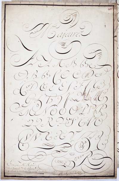 Calligraphie : Planche de lettres capitales dites majeures bâtardes, calligraphiées le 5 avril - French School