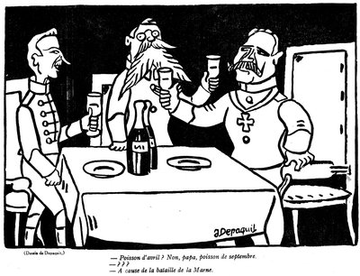 Caricature représentant un soldat allemand et son père avec une allusion satirique au désastre allemand de la Marne, de l