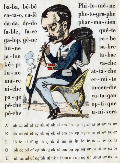 Dessin animé en costume de cuirassé prussien. ABC militaire (alphabet - abécédaire). Imagerie d