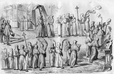 Divertissements et superstitions catholiques. Procession de pénitents lors de l