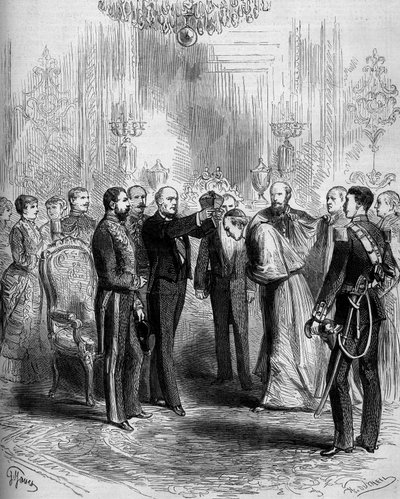 Cérémonie de présentation des insignes du cardinalat : Pier Francesco Meglia reçoit la robe rouge de cardinal tandis que Jules Grévy place la barrette cardinalice sur sa tête. Paris, Palais de l