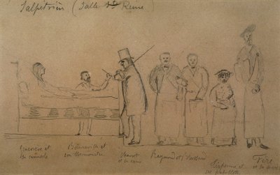 Charcot dessiné par un de ses élèves. De gauche à droite : patiente Geneviève en camisole, Docteur Désiré Magloire Bourneville avec un thermomètre, Jean Martin Charcot, Raymond et Brissaud, Me Tirperme et Charles Féré. Salle Sainte-Reine, Hôpital de la Sal - French School