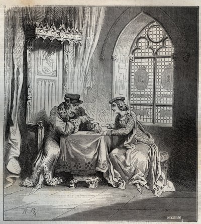 Charles VI (1380-1422) et Odette de Champdivers - Le roi Charles VI de France, connu sous le nom de Charles le Bien-Aimé, puis Charles le Fol (1368-1422) avec sa maîtresse Odinette (Odette) de Champdivers (vers 1390-vers 1425) jouant aux cartes gravure de  - French School