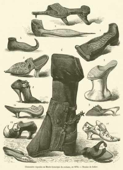 Chaussures exposées au Musée historique du costume, en 1874 - French School