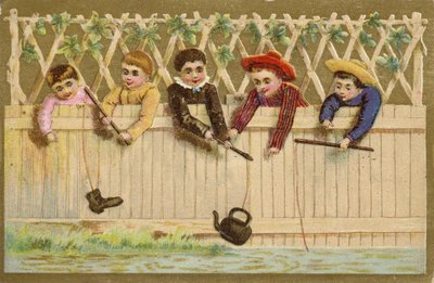 Enfants pêchant avec une chaussure et une bouilloire - French School