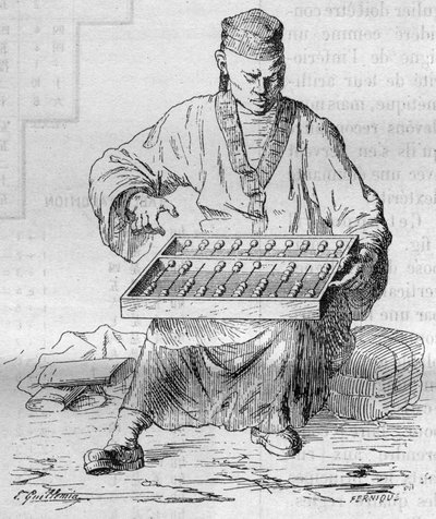 Appareil de calcul chinois (abacus). Gravure dans "La Nature. Revue des sciences et de ses applications aux arts et à l