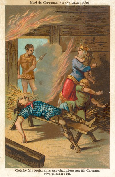 Clotaire Ier, roi des Francs, brûlant vif son fils rebelle Chram et sa famille, 560 - French School