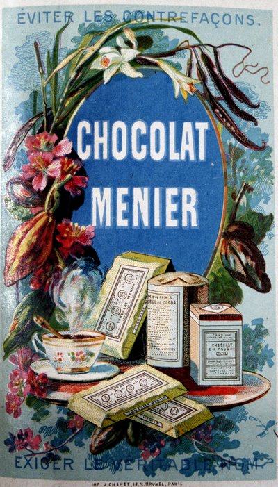 Publicité pour le chocolat "Menier" avec la mention "Évitez les contrefaçons" - French School