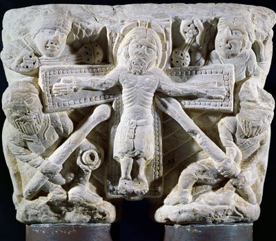Christ en croix, relief sur un chapiteau de colonnes jumelles - French School