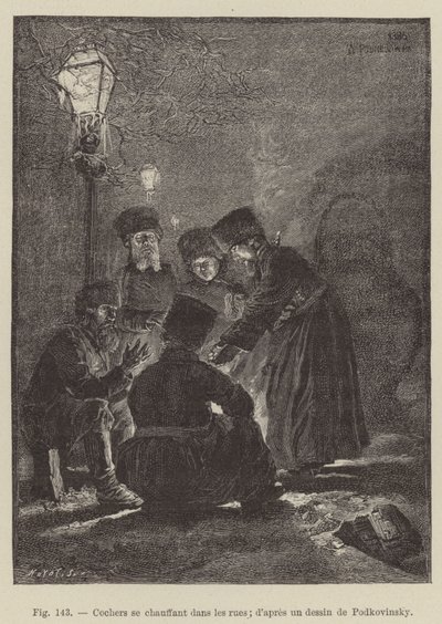 Cochers se chauffant dans les rues - French School