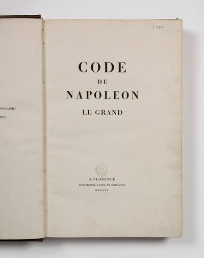 Code de Napoléon le Grand, ouvert à la page de titre, publié à Florence, Molini, Landi et Cie, 1809 - French School