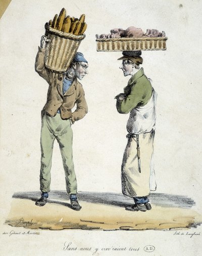 Conversation entre un boulanger et un charcutier : « Sans nous, nous mourrions tous ! » Gravure du 19ème siècle - French School
