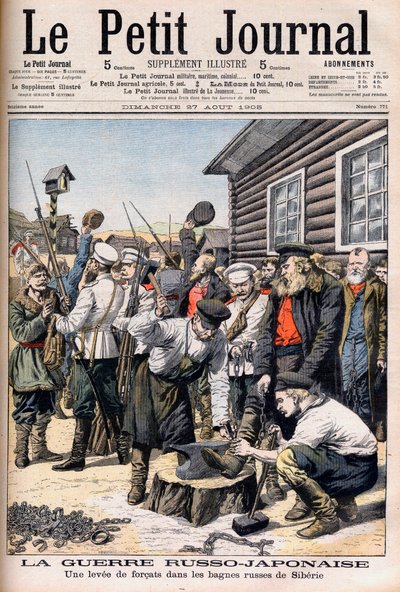 Forçats en Sibérie enrôlés pour combattre dans la guerre russo-japonaise. Guerre russo-japonaise. Une révolte de forçats dans les bagnes russes de Sibérie. Illustration pour Le petit Journal, 27 août 1905. - French School