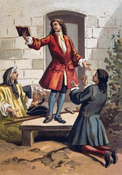 Pratiques convulsionnaires (Convulsionnaires de Saint-Médard) - Jansénisme : les convulsionnaires (fanatiques jansénistes) du cimetière Saint-Médard sous Louis XV. Chromolithographie vers 1890. - French School