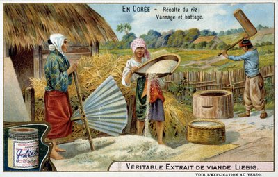 Corée : récolte du riz, tissage et battage - chromo. Liébig, v.1900 - French School