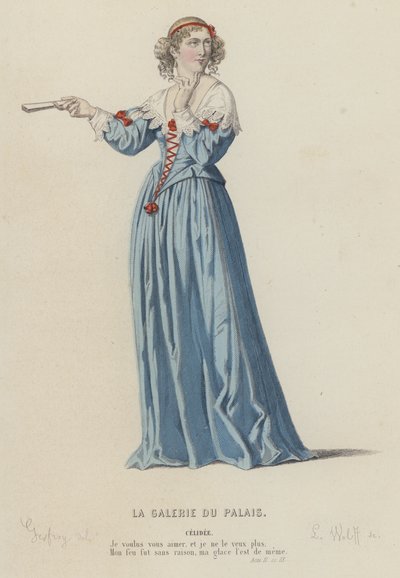 Corneille, La Galerie Du Palais, Acte II, Scène IX (gravure en couleur) - French School