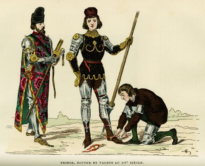 Costumes de prince, de son écuyer et de son valet, au XVe siècle. Gravure en couleurs, dans "France et les français à travers les siècles" par Augustin Challamel, F.Roy éditeur, Paris 1882. Collection Selva - French School