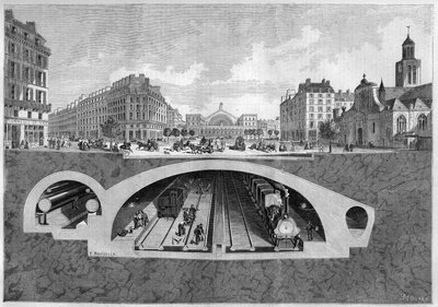 Coupe transversale représentant le projet de chemin de fer souterrain à Paris, de la Villette aux halles centrales, en 1861. Gravure dans « Le Monde Illustré » n°213 du 11 mai 1861. - French School
