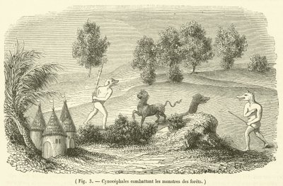 Cynocéphales combattant les monstres des forêts - French School