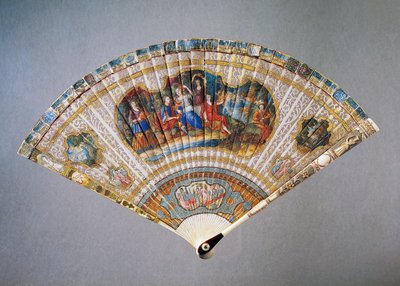 Éventail endommagé de style Vernis Martin représentant David et Abigail, peau de chèvre avec garde en ivoire peint et nacre, hauteur 21 cm - French School